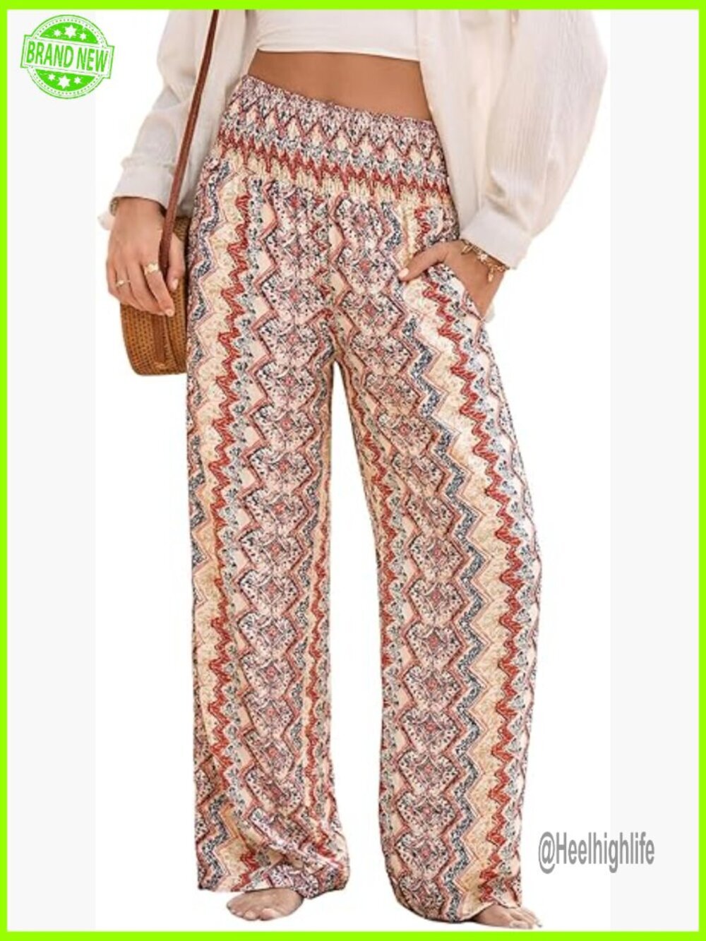 Wide Leg Palazzo Pants Smocked Waist Floral Pattern Lightweight Viscose